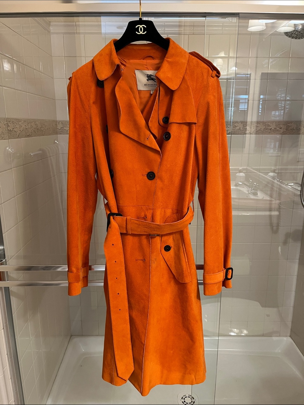 Burberry Orange Suede Belted Trench Coat